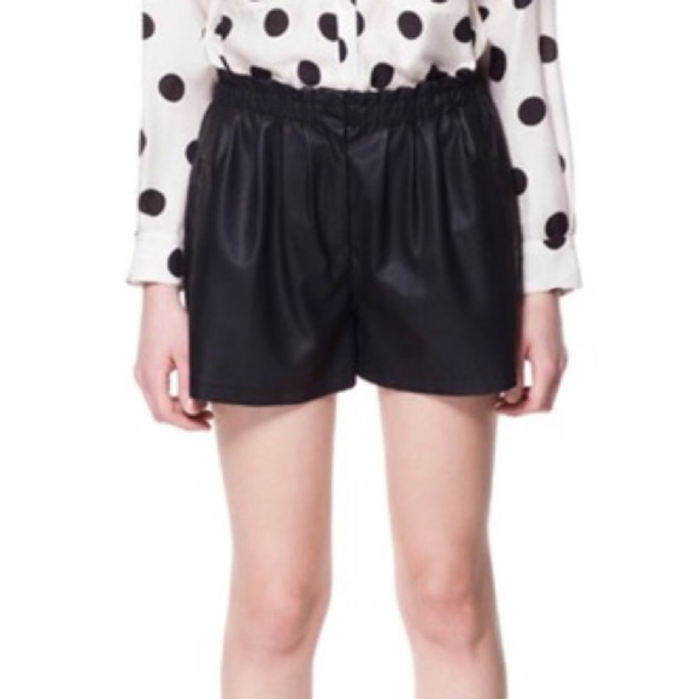 Zara Pleated High Waisted Leather Shorts, Black